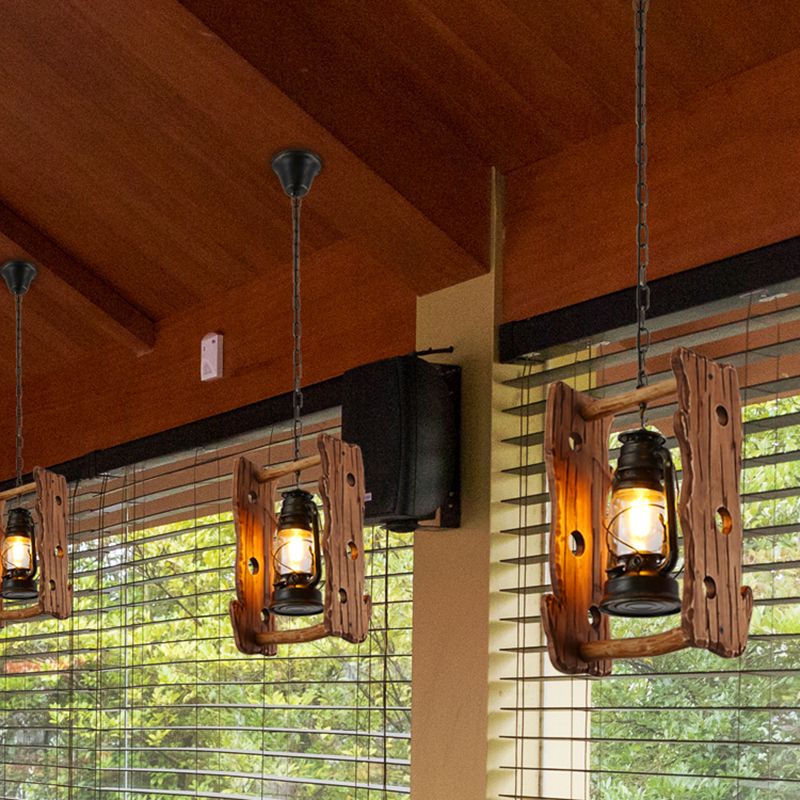 Kerosene Restaurant Pendant Lamp Vintage Clear Glass 1 Head Black Hanging Ceiling Light with Wood Frame