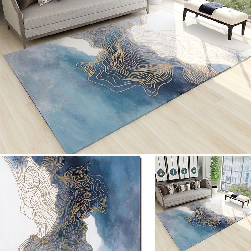 Funky Ink Painting Area Rug Luxury Gold Lines Rug Polyester Anti-Slip Backing Carpet for Home Decor