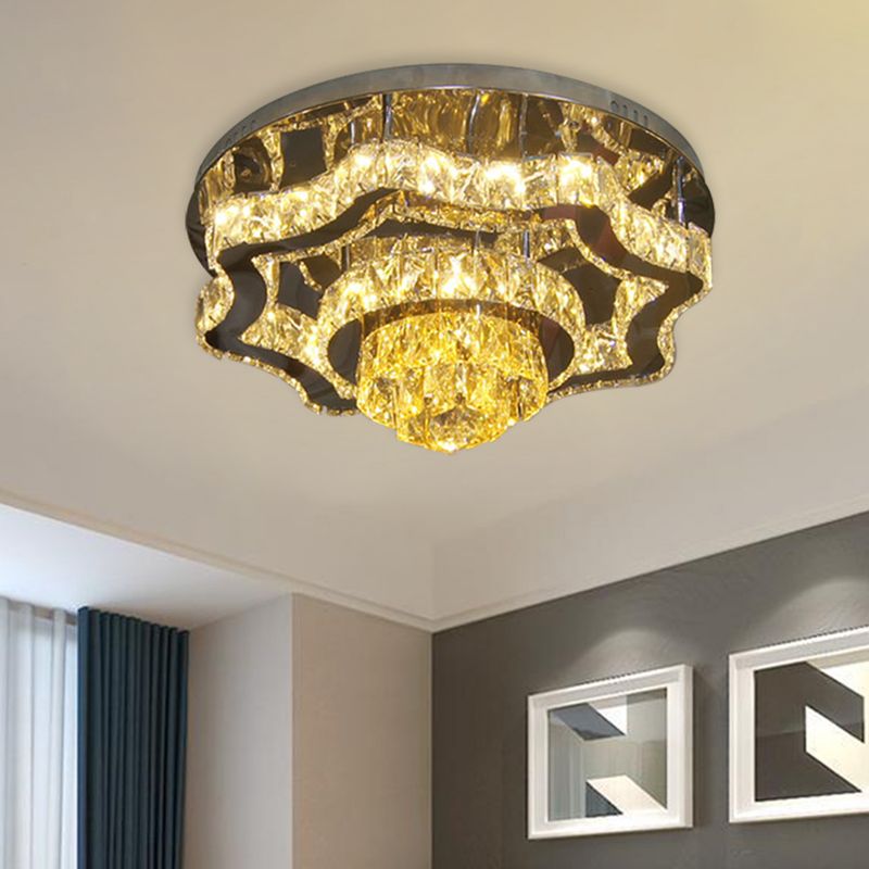 Crystal Polished Chrome Semi Flush Tiered Scallop Modern LED Close to Ceiling Lighting with Rectangle/Round Canopy