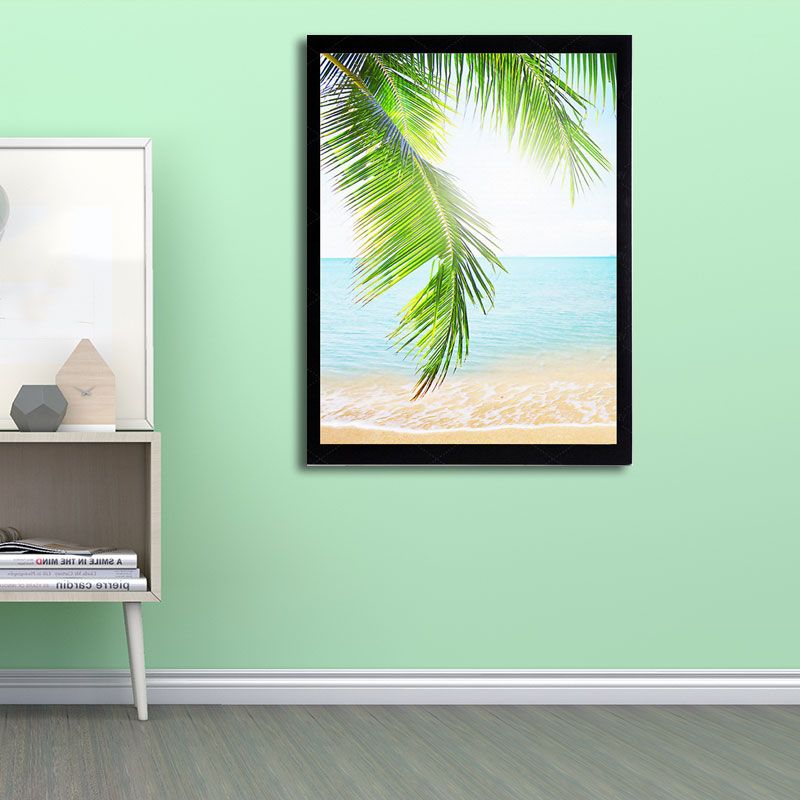 Tropics Palm Tree Branches Canvas Print Green and Blue Beach Seascape Wall Art