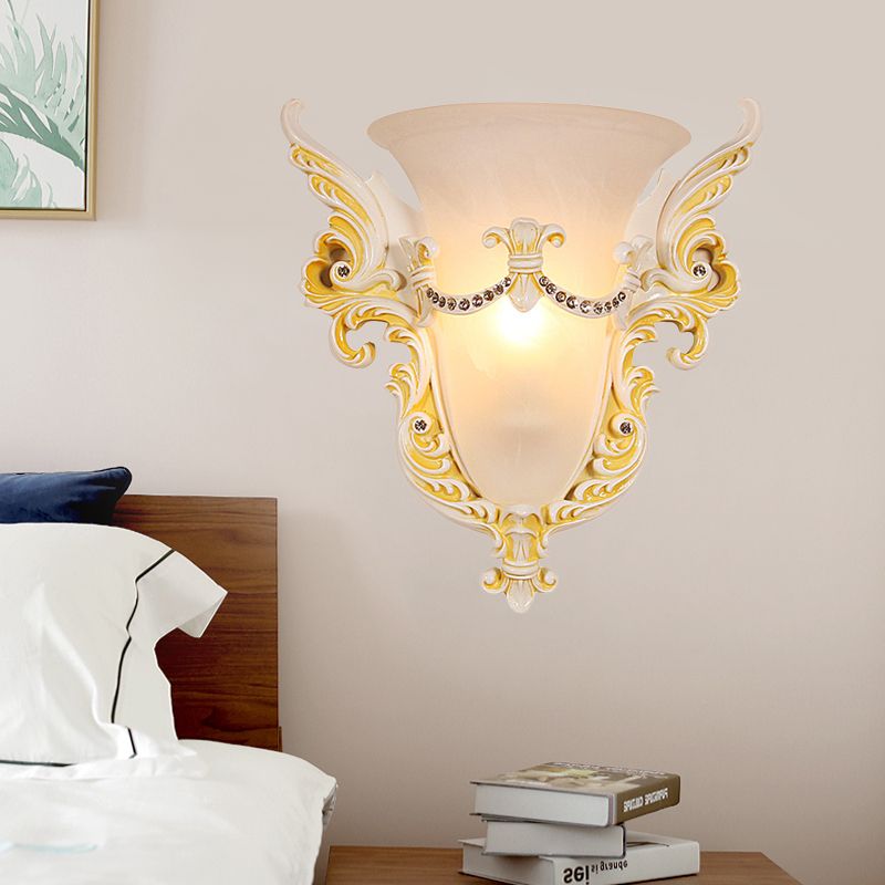 Bell Frosted Glass Wall Sconce Colonial 1 Bulb Living Room Flush Mount Wall Light in White/Gold/White and Gold