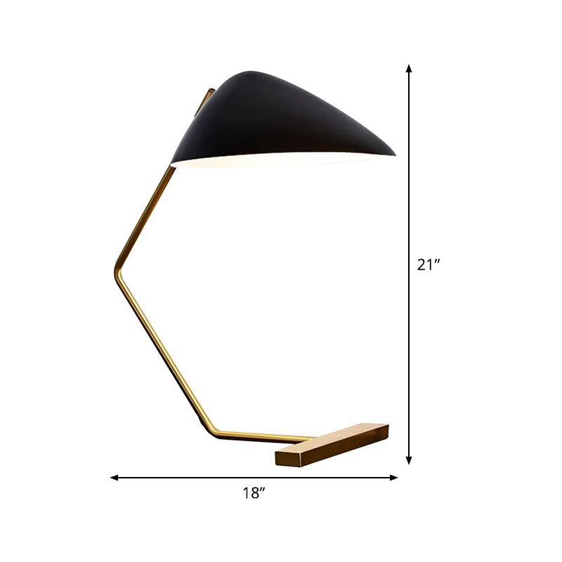 Lampada da tavolo Modernism Wide Flare in metallo con 1 lampadina, piccola lampada da scrivania in nero con braccio curvo