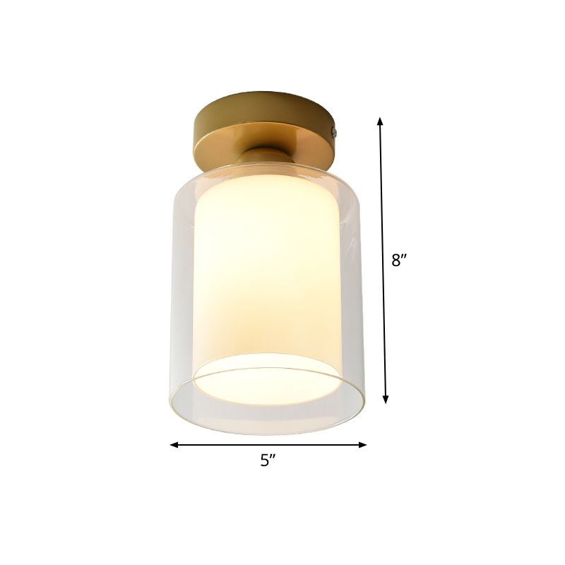 Cylinder Clear and White Glass Flushmount Simple 1 Bulb Corridor Flush Mount Ceiling Light in Brass