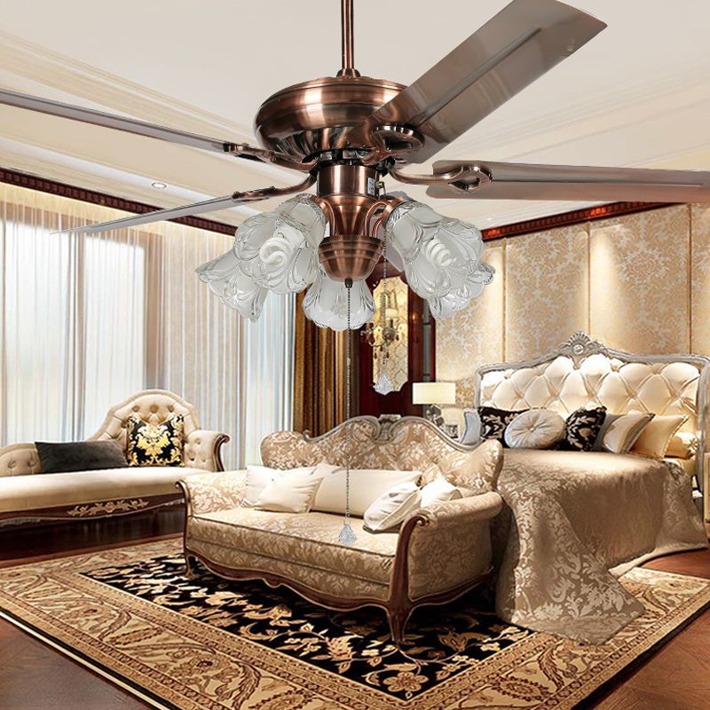 52 "" largeur Vintage Bell Semi Flush Light 5 ampoules Glass Glass Pendant Fans Lampe Fixture en cuivre avec 5 lames