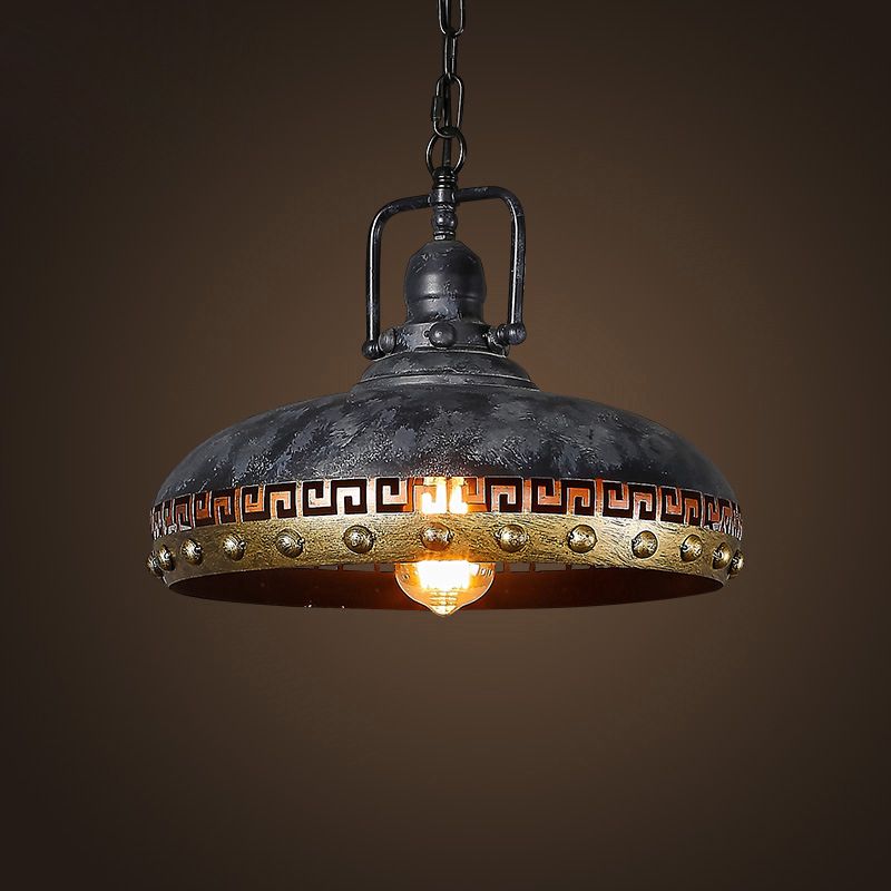 Antiquierte Schüssel nach unten Licht 1-Licht-Metallhanglampe in Schwarz mit rotierbarem Griff