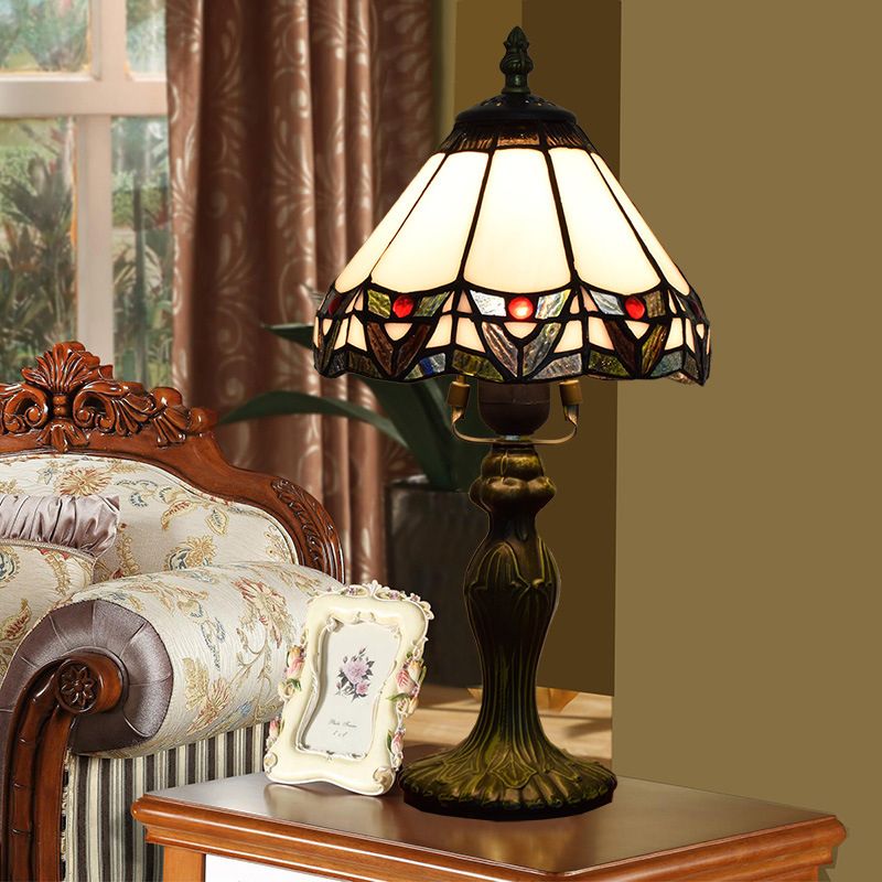 Lampada da tavolo bianca in vetro colorato tonalità conica 1 ombreggiatura antica comodino per camera da letto