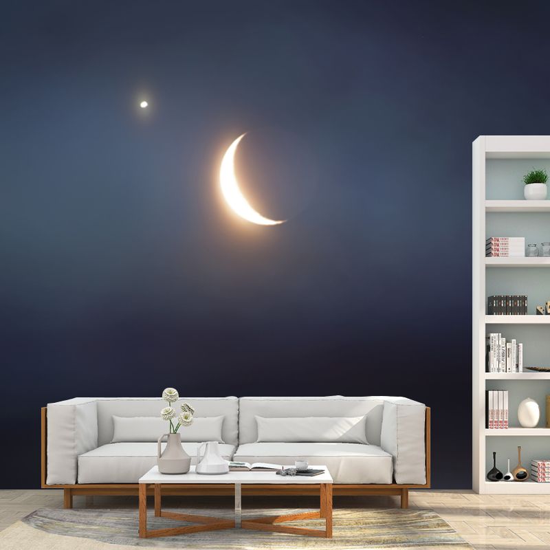 Shiny Night Sky Crescent Mural Wallpaper for Bedroom, Blue-Yellow, Made to Measure