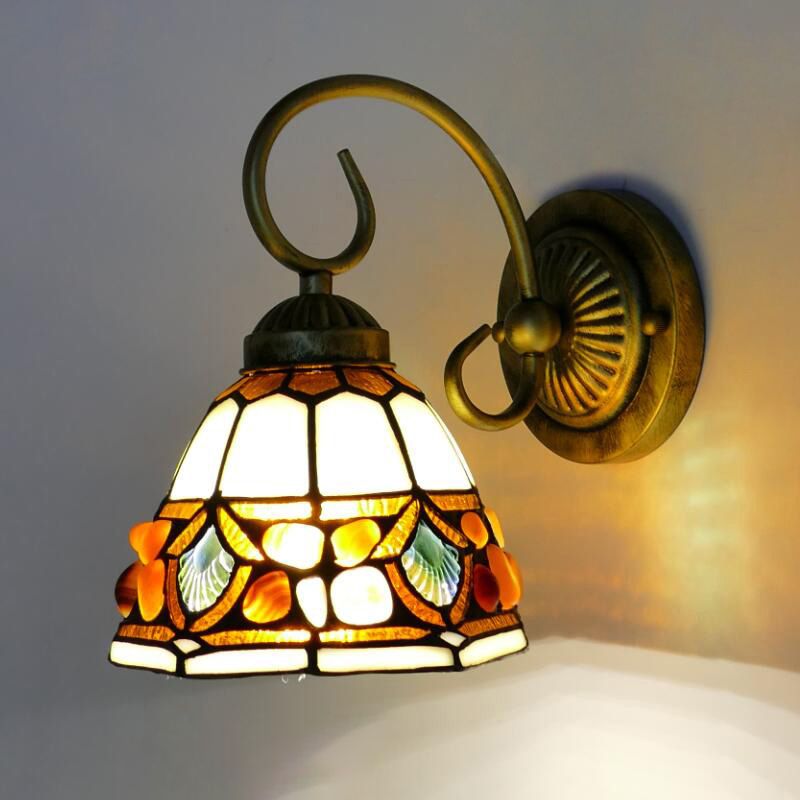 Dome Wall Lighting Idea Tiffany Stained/Beige/Green Stained Glass 1 Light White/Brass Sconce Light Fixture with Stone Deco