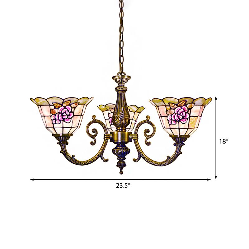 Lampada appesa a forma di campana in stile retrò vetro colorato 3 teste lampadario di fiori con catena per camera da letto