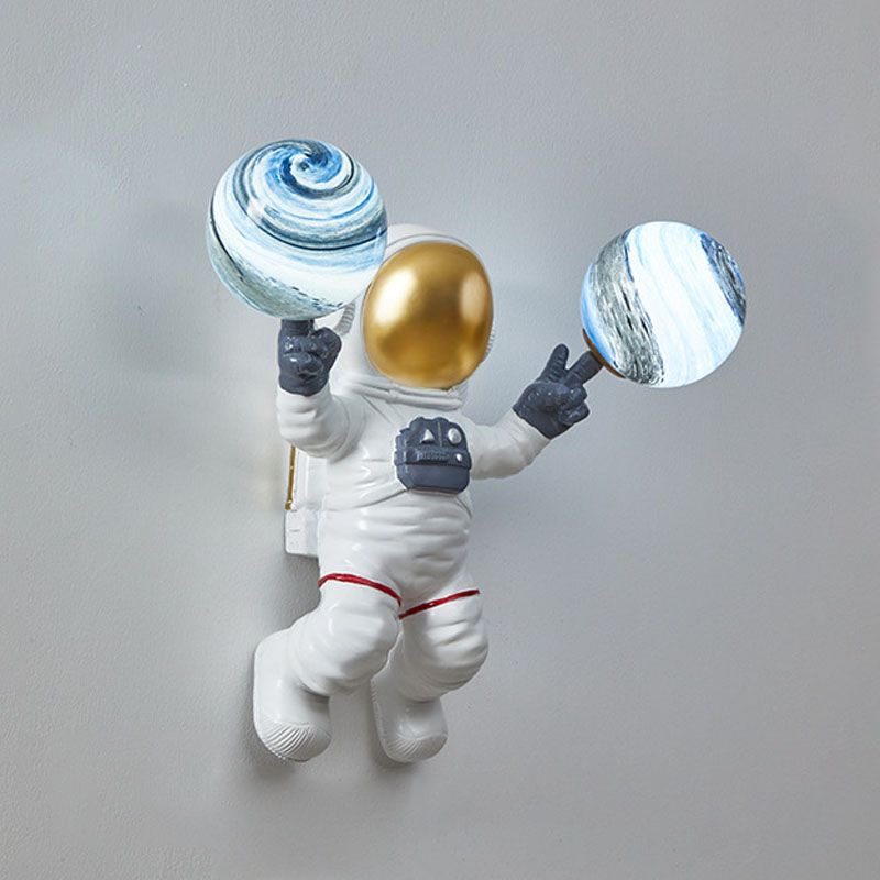 Blown Glass Planet and Astronaut Wall Light Kids Style 2-Head Wall Lighting Fixture