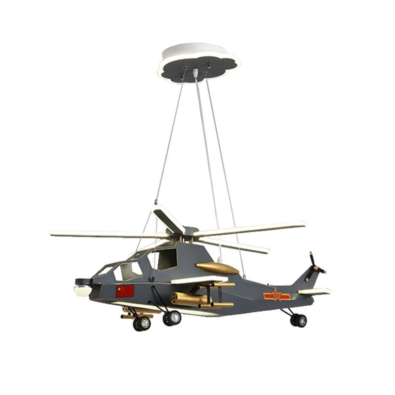 Childrens Military Helicopter LED Chandelier Acrylic Boys Room Hanging Light in Black