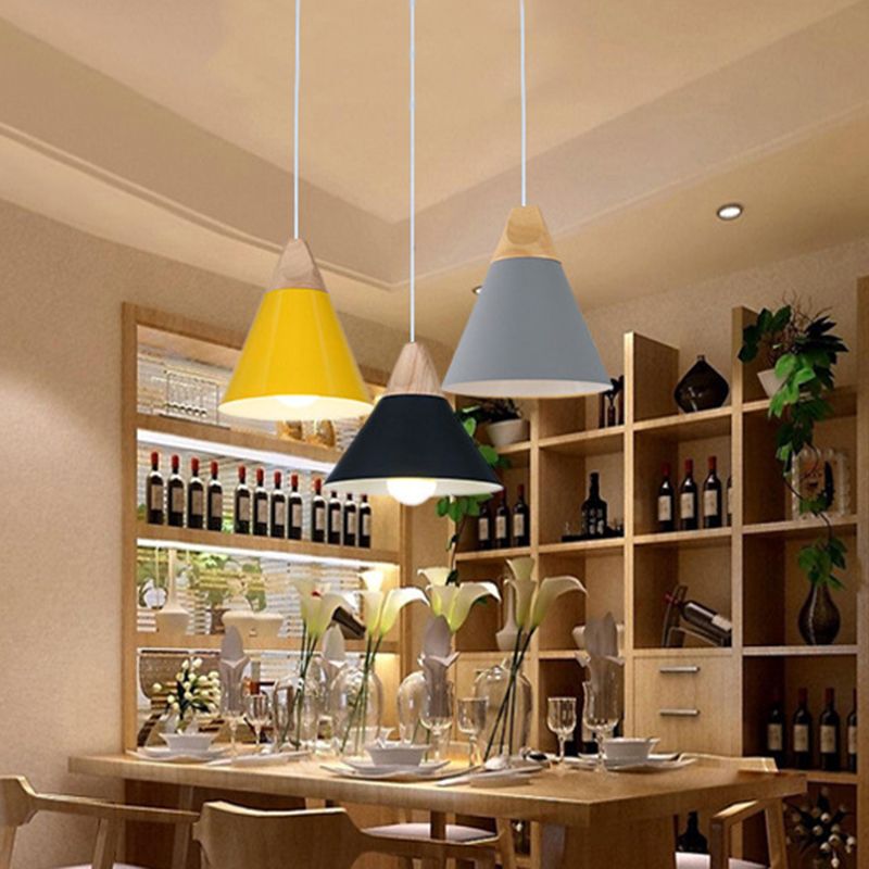 Nordic Simple Style Pendant Light, Macaron Color Conical Shade Hanging Light with Wooden Top