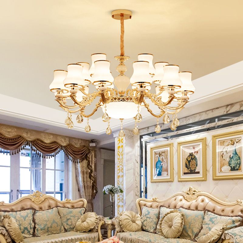 Klassieke Bud Chandelier Lighting White Glass Hanglamp met kristalafgraden voor woonkamer