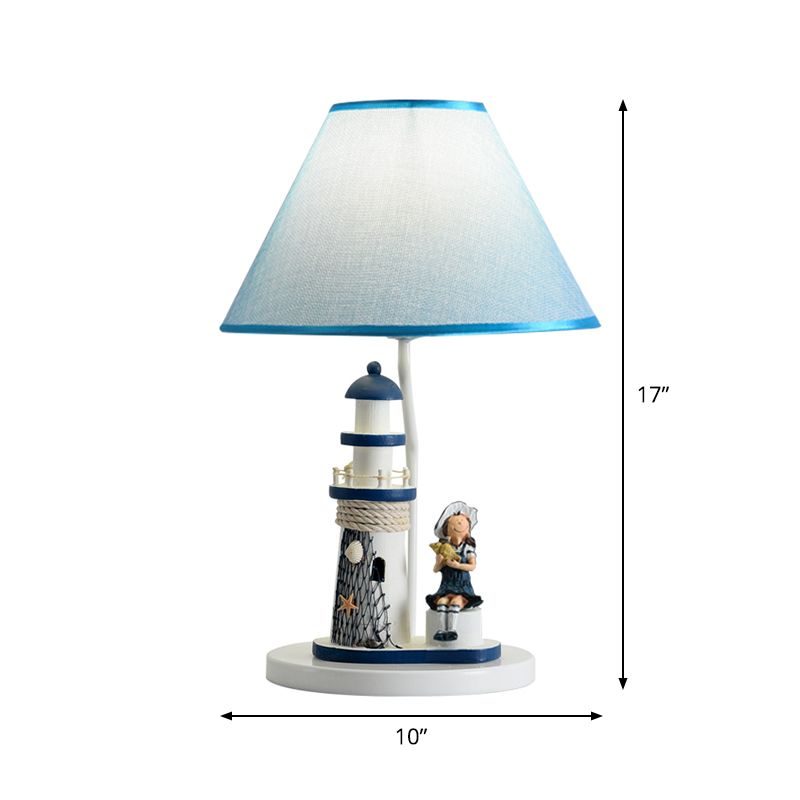 Barrel Shade Night Light Kids Stoff 1 Kopfblaue Tischlampe mit Cartoon Mädchen/Jungen und Leuchtturmdekoration