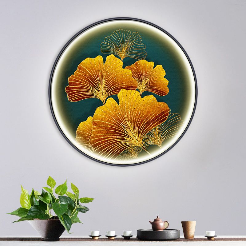 Asiatische runde Wand Wandhalterung Lampe LED LED-Korridor Wandleuchte mit Ginkgoblattmuster in Gelb/Gelbgrün