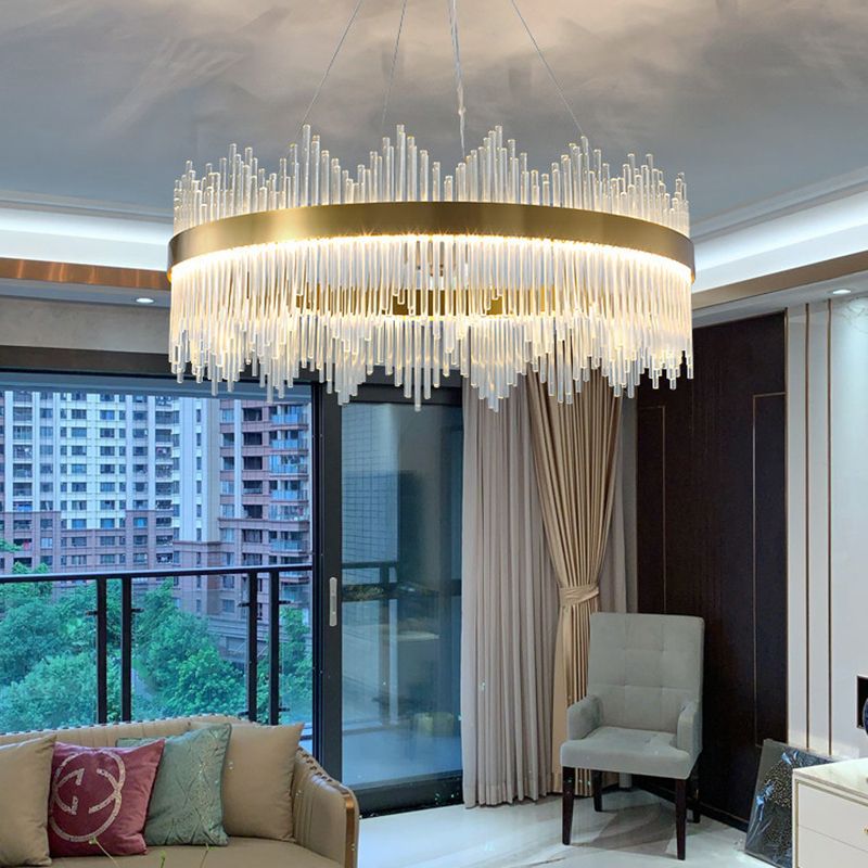 Modern Simplicity Drum Pendant Chandelier Clear Crystal Glass Hanging Light Fixture for Living Room