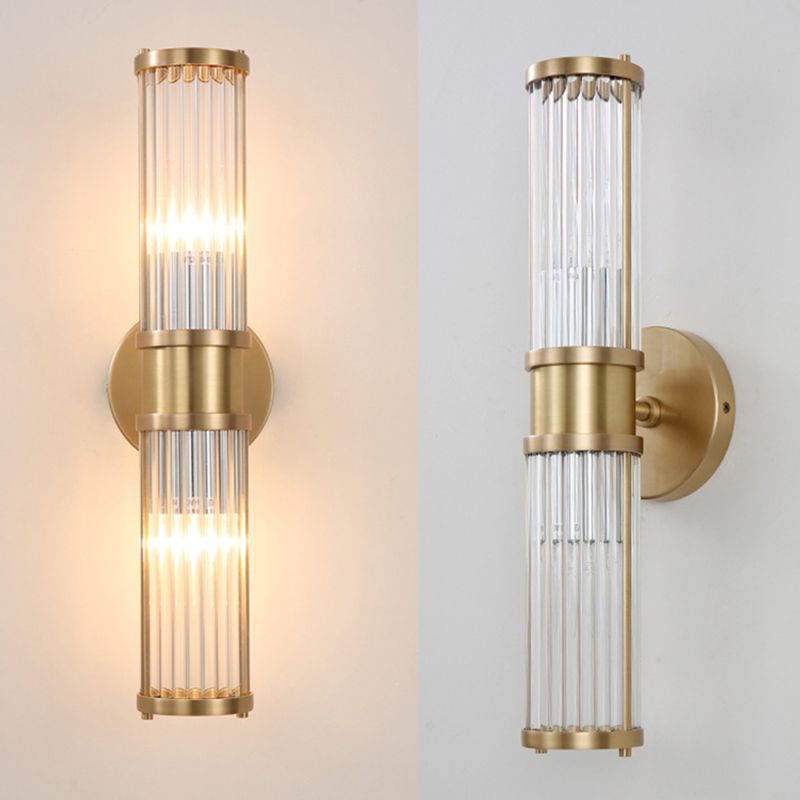 Gold Cylindrical Wall Sconce in Modern Luxury Style Copper Indoor Wall Light with Crystal Shade