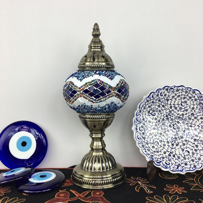 Single Night Stand Light Turkish Bedroom Table Lamp with Spherical Yellow/Red/Blue Glass Shade in Bronze