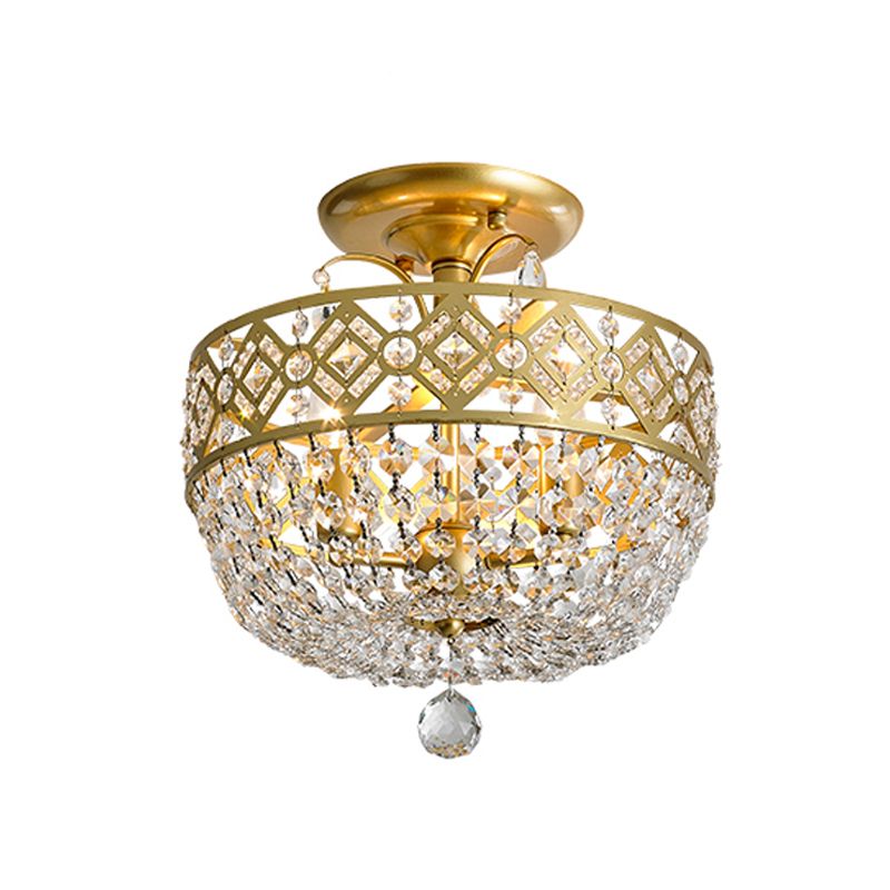 3 Heads Light Fixture with Dropped Ball Crystal Contemporary Porch Semi-Flush Mount in Gold