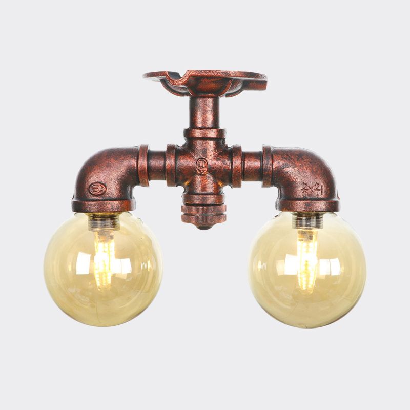 Plafonnier LED en verre ambré et cuivre, boule lumineuse à 2 têtes, luminaire de plafond semi-encastré pour ferme