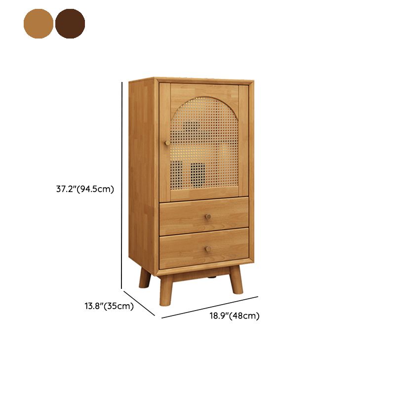 Mid Century Solid Wood 1-Door Cabinet Glass Paned Side Cabinet with 2-Drawer
