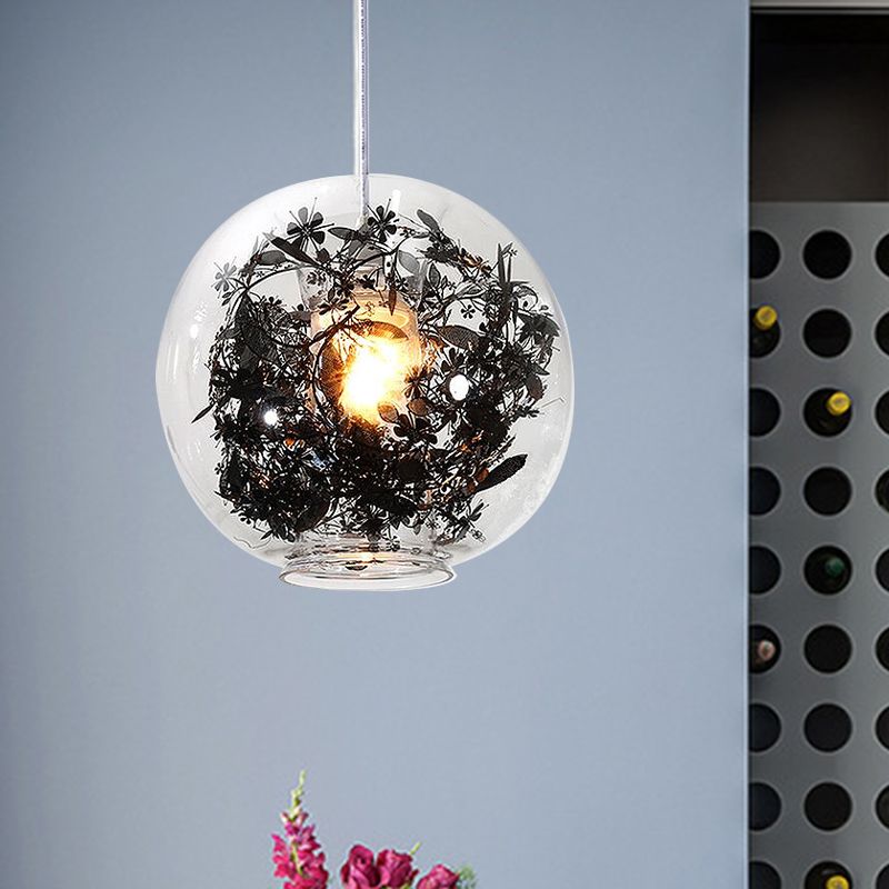 Luz de techo colgante de la esfera de vidrio transparente 1 Lámpara colgante de la cabeza 1 cabezal con diseño de plantas negras en el interior