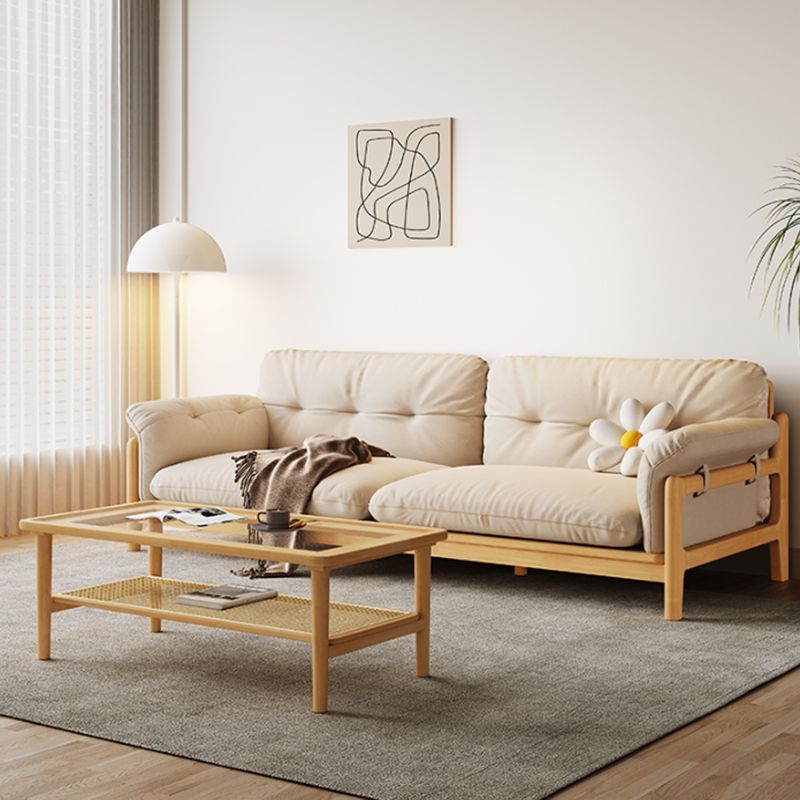Solid Wood Tufted Settee Flared Arm Beige Cushions Sofa -39.4" H
