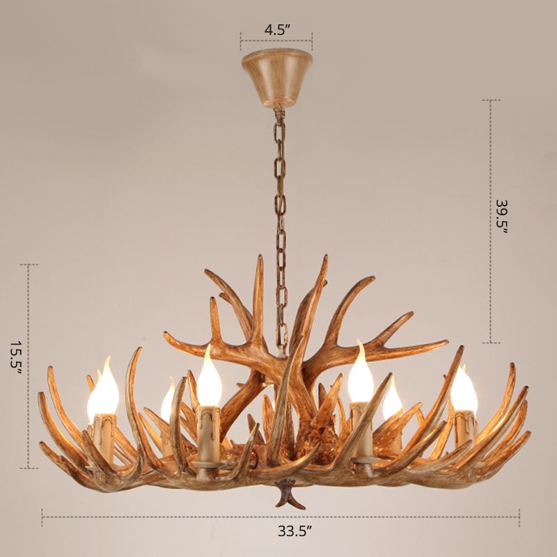 Resin Candle Suspension Light Country Style Restaurant Chandelier with Antler Deco