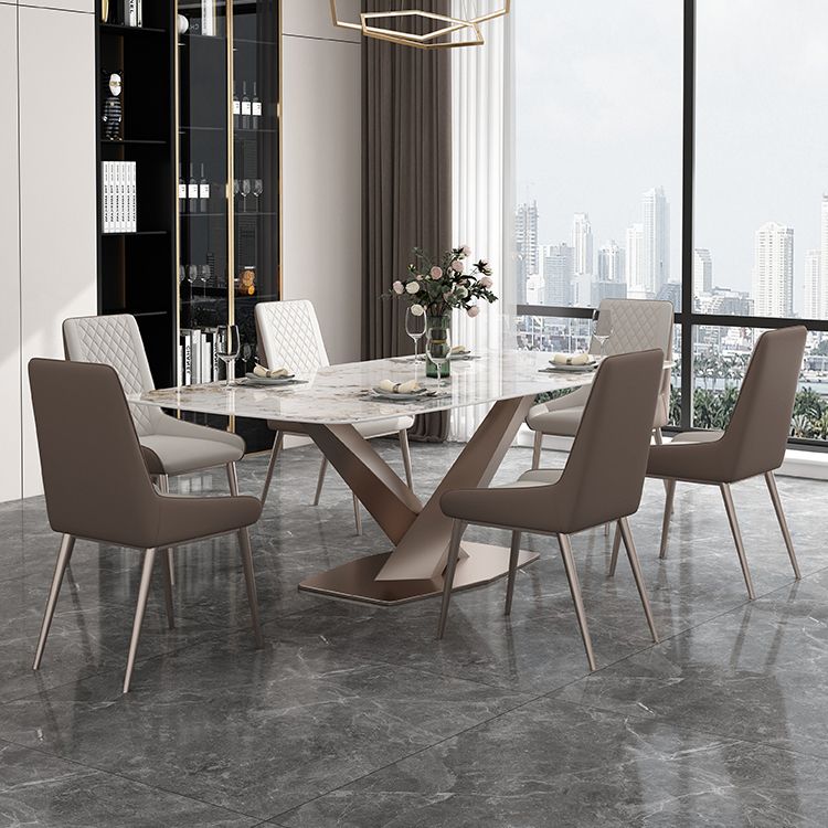 Modern Style Sintered Stone Dining Table with Standard Height Table and Rose Gold Trestle Base