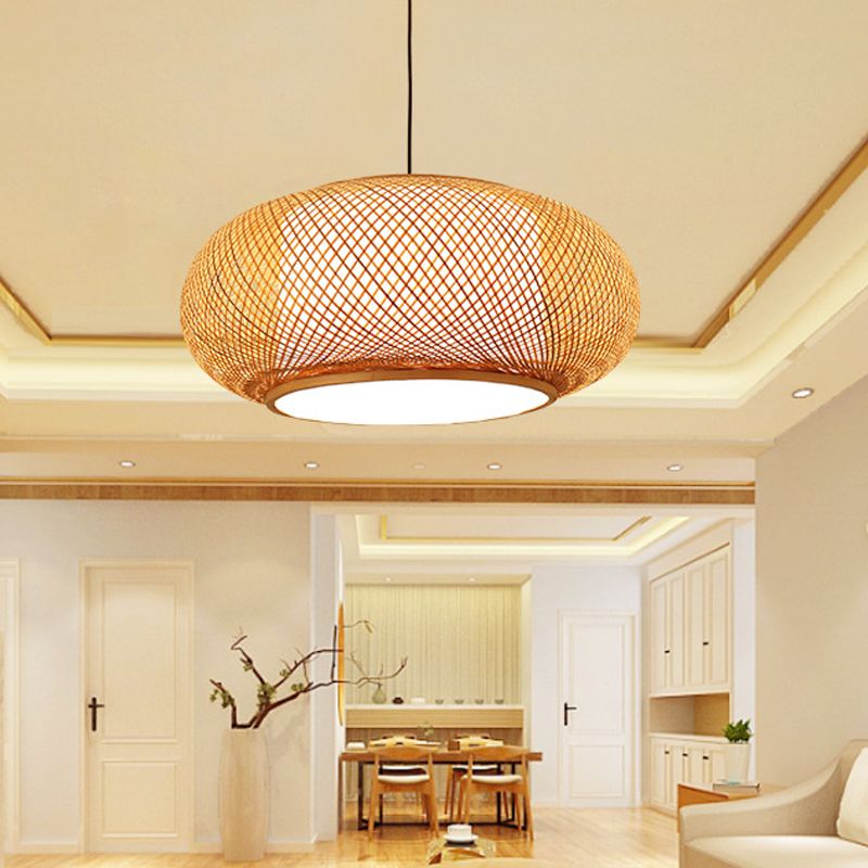 Drum Beige Down Pendant Chinese Bamboo Hanging Ceiling Light with 1 Light