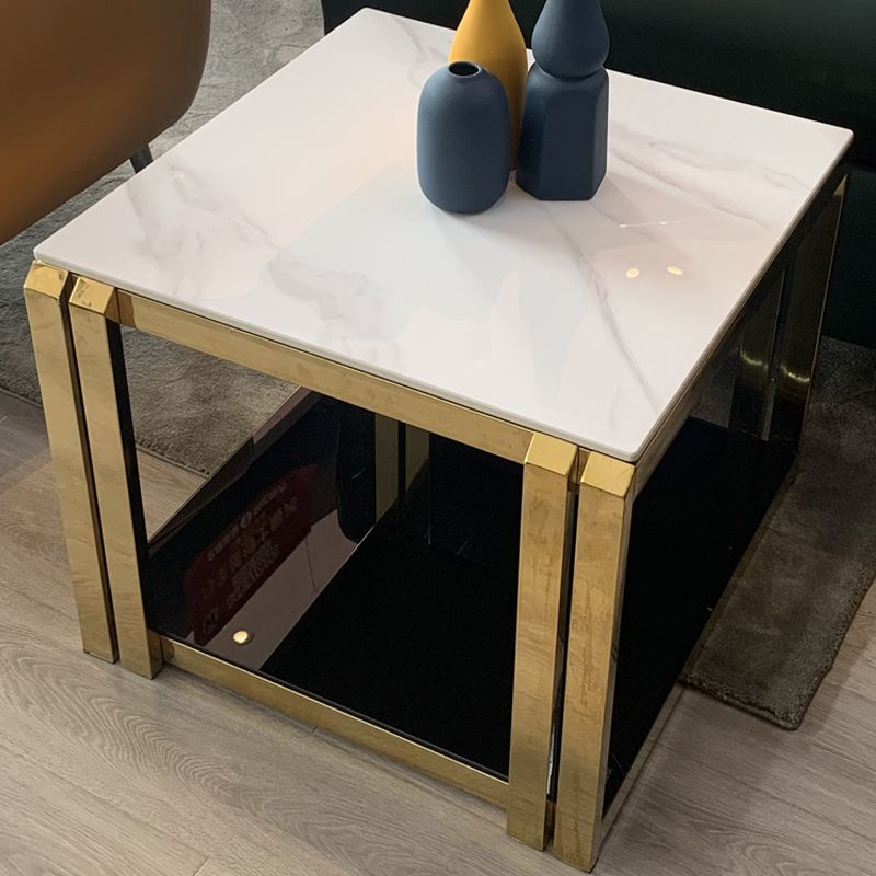 Stone Top End Table with Shelves Glam Frame Sofa Side Table for Living Room