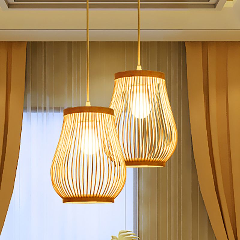 Bambus gewebter Schatten Anhänger Deckenleichter Asiatischer Stil 1 Glühbirne Beige Hanging Lampe, 7 "/8" breit