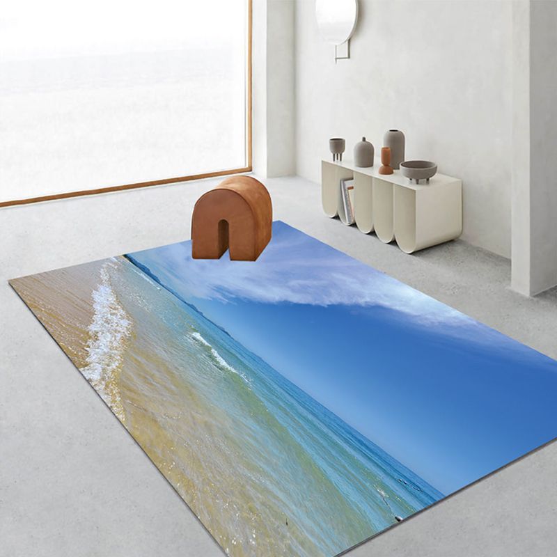 Blue Modern Rug Beach Pattern Polyester Rug Washable Rug for Living Room