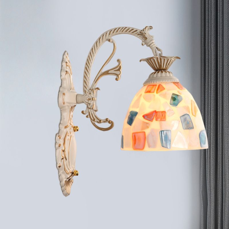 1/2-Light Wall Lighting Fixture Baroque Dome Shell Mosaic Patterned Wall Lamp with Curved Arm in White