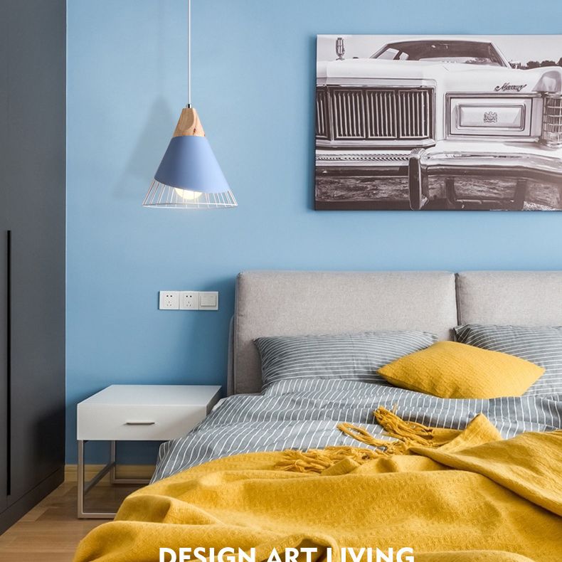 1 Light Macaroon Hanging Light Nordic Minimalist Solid Wood Bedroom Pendant Lamp with Iron Hollow Lampshade