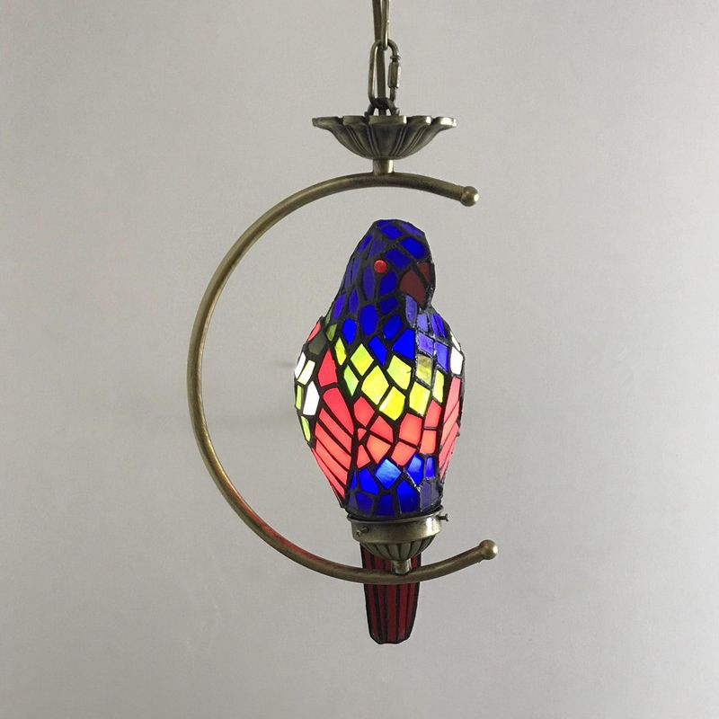 Bronze 1-Head Pendant Light Kit Baroque Metal C-Frame Hanging Lighting with Geometry Cut Glass Shade