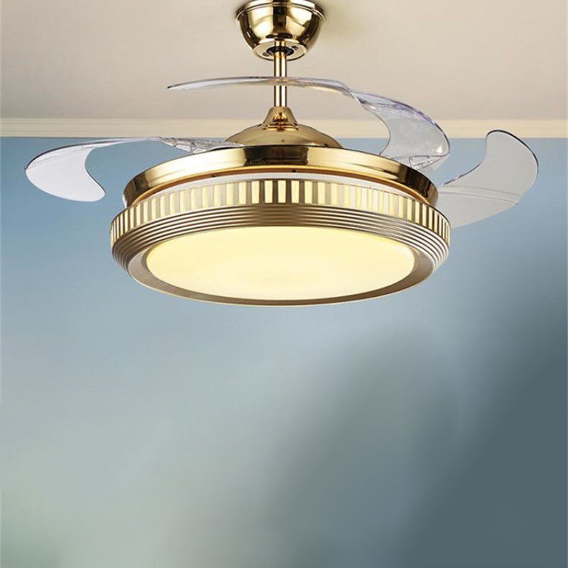 LED Acryl Semi Flush Light Contemporary White /Gold Round Round Round Room Hangende ventilatorlamp met 4 heldere messen, 42 "W