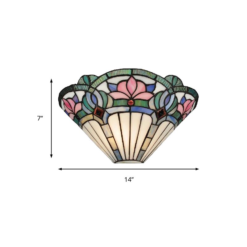 Lotus Wall Sconce Light Traditional Stained Glass 1 Bulb Wall Lighting in Pink and Green for Corridor