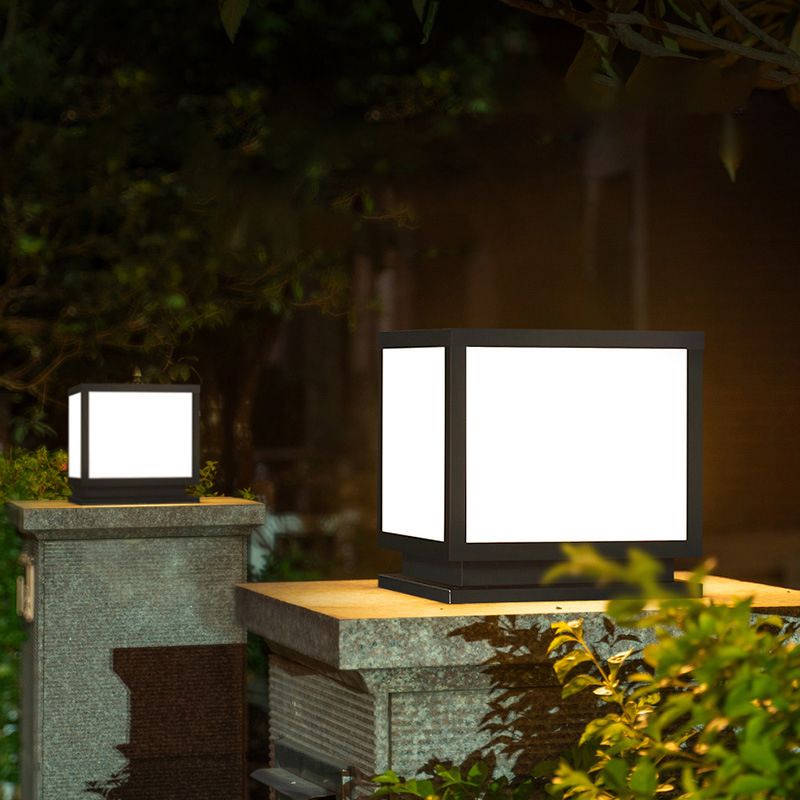 Square Shape Metal Solar Pillar Lamp Modern 1 Light Outdoor Waterproof Light in Black