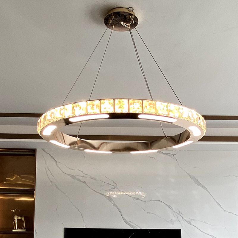 Gold Ring Shaped Chandelier Simple Crystal Embedded LED Pendant Light for Living Room
