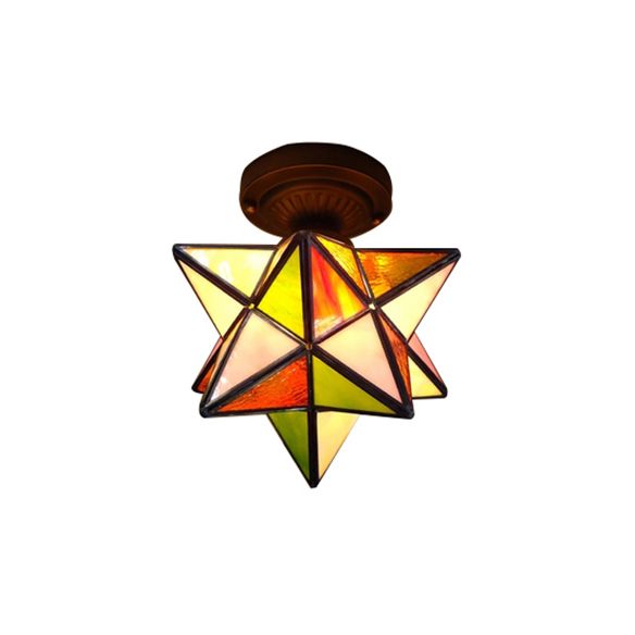 1 Head Star/Polygon Shaped Flush Ceiling Light Tiffany Colorful Glass Flush Mount Light for Corridor