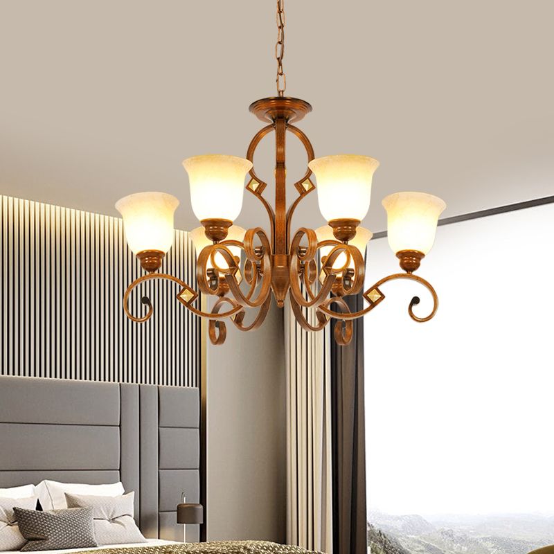 Braccio curvo per camera da letto lampadario in metallo rurale 6 lampadine bulbi brown sospeso con tonalità di vetro opale a campana
