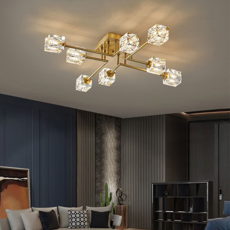 Zeitgenössischer Würfel Flush Light Crystal Flush Mount Deckenbestand in Gold
