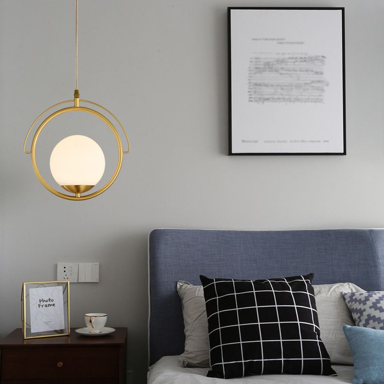 11.5" Diameter Brass Ring Single Light Suspension Lamp White Glass Ball Shade Modern Style Lighting Fixture for Bedroom