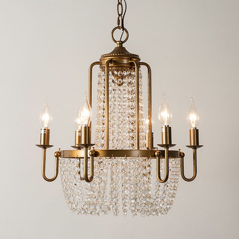Crystal Strand Gold Chandelier Lighting Basket 6-Light Farmhouse Candle Hanging Pendant