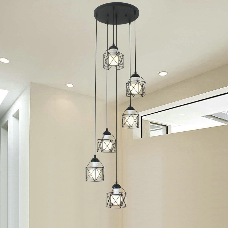 Hexagon Cage Metal Multiple Hanging Light Modernist Black Pendant Lamp with Spiral Design