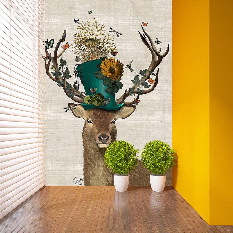 Illustration Deer Gentleman Murals Large Wall Covering for Living Room, Made to Measure