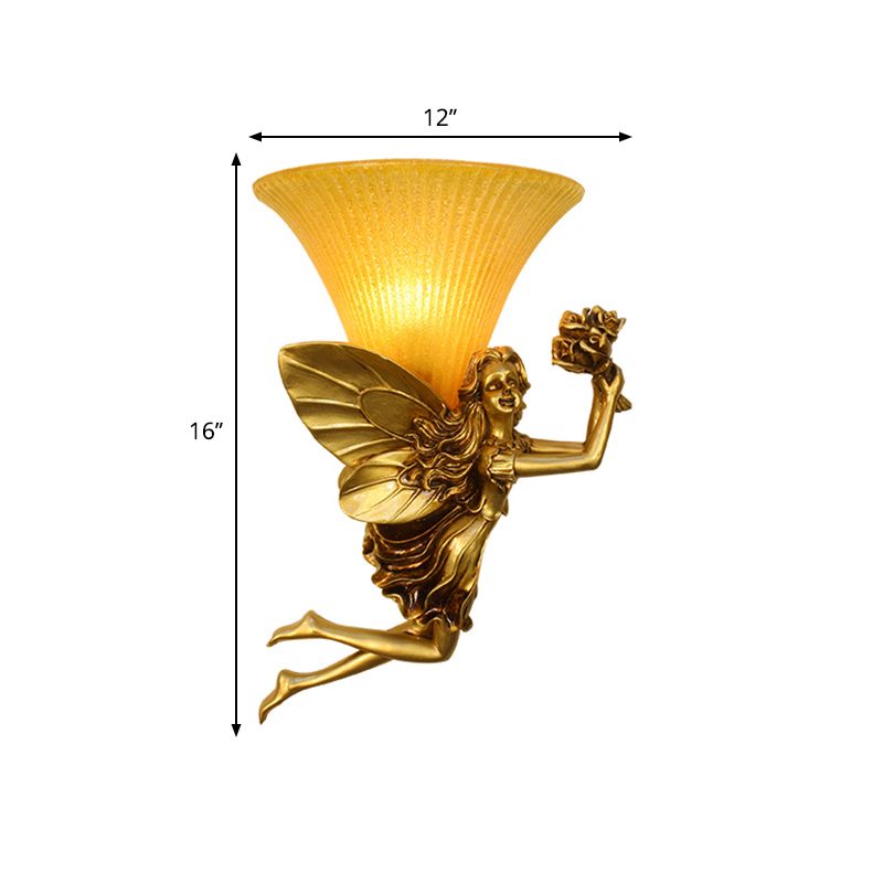Retro Style Fairy Wall Lighting Fixture 1 Head Resin Blue/Gold Sconce Lamp with Amber Glass Bell Shade
