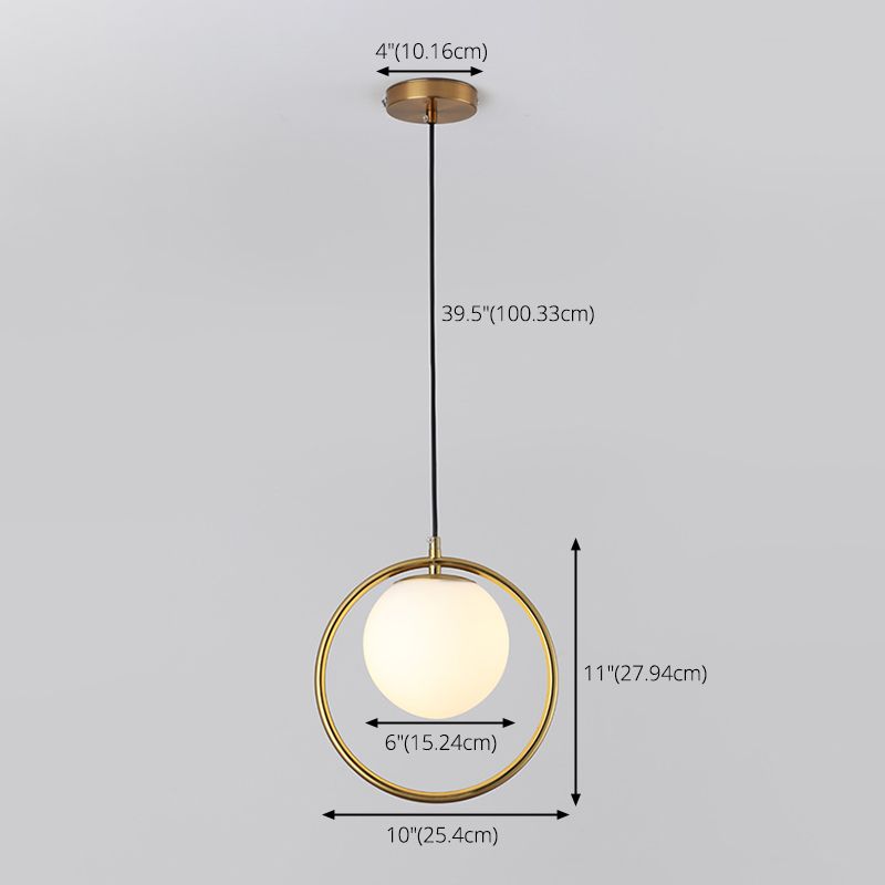 Nordic Minimalism Golden Ring Hanging Light with White Glass Ball Shade Mini Pendant Fixtures for Bedside