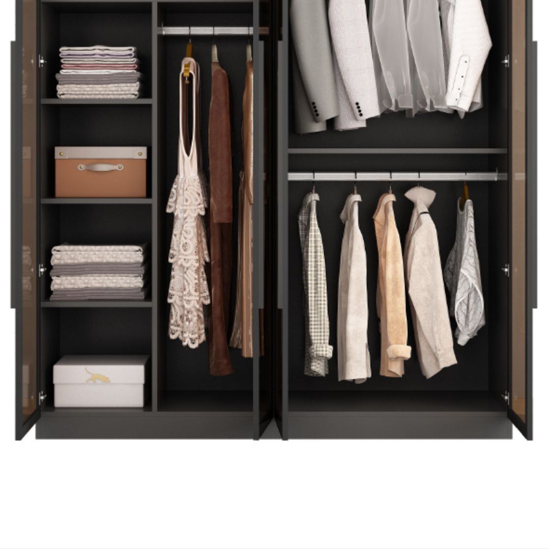 Freestanding Grey Wood Frame Wardrobe Modern Multifunctional Wardrobe with Glass Doors